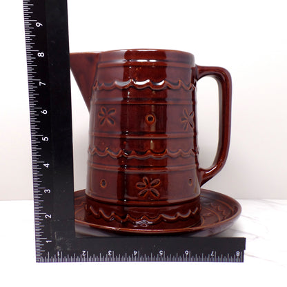 Vintage Marcrest Ceramic Pitcher and Underplate, Brown Daisy and Dot (1950s)