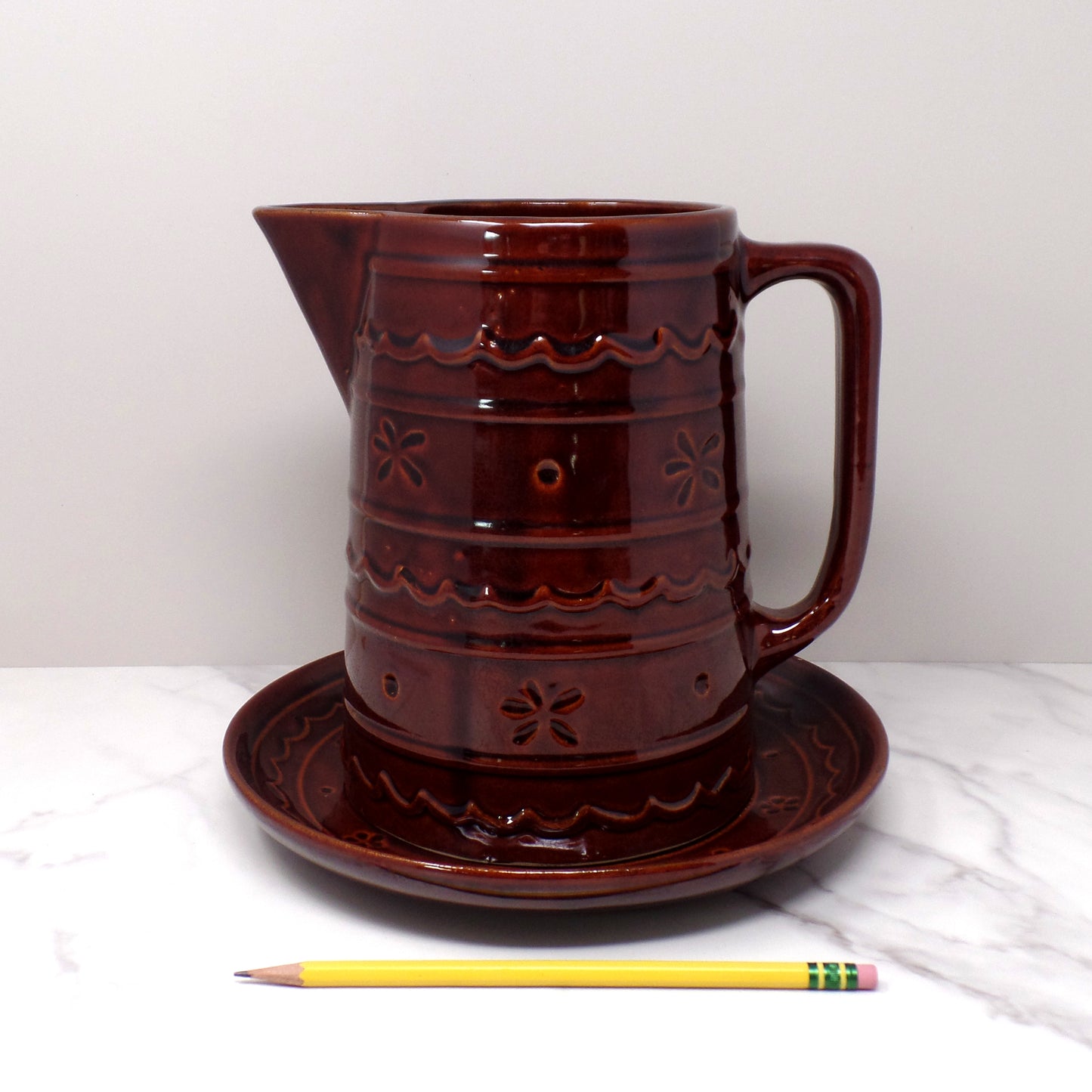Vintage Marcrest Ceramic Pitcher and Underplate, Brown Daisy and Dot (1950s)