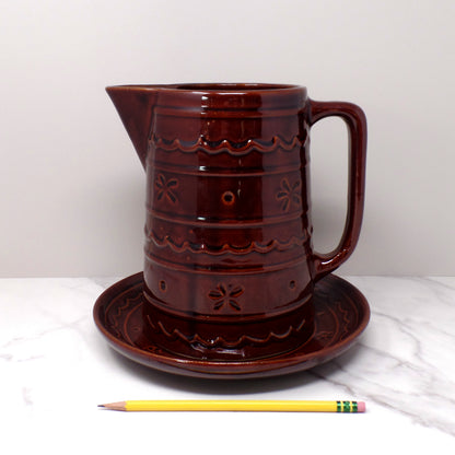 Vintage Marcrest Ceramic Pitcher and Underplate, Brown Daisy and Dot (1950s)