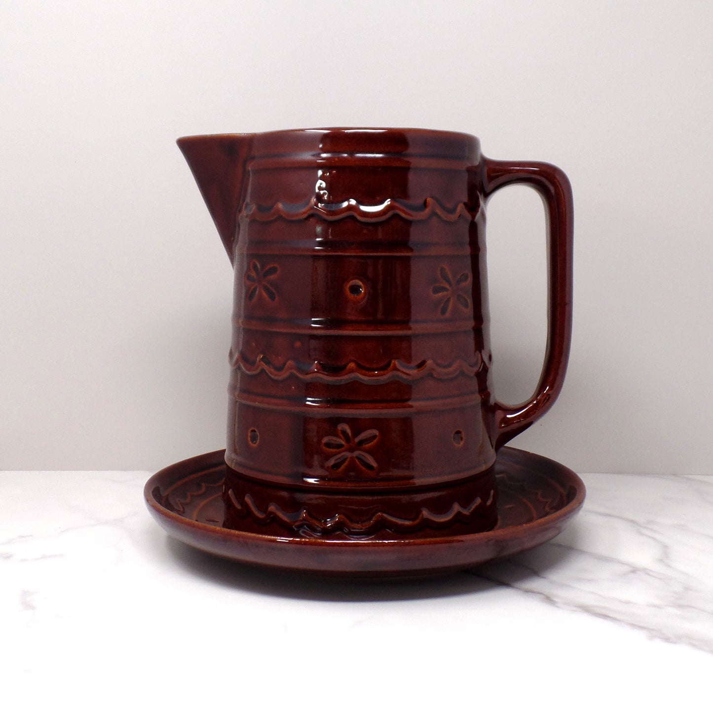 Vintage Marcrest Ceramic Pitcher and Underplate, Brown Daisy and Dot (1950s)