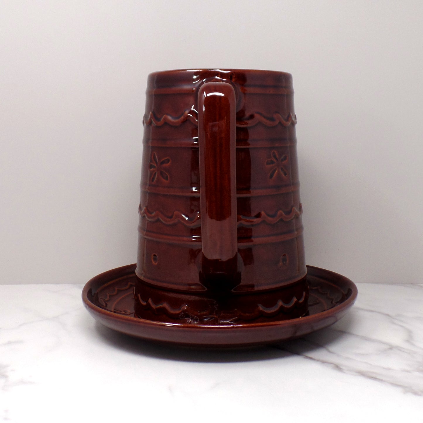 Vintage Marcrest Ceramic Pitcher and Underplate, Brown Daisy and Dot (1950s)