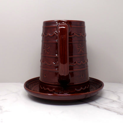 Vintage Marcrest Ceramic Pitcher and Underplate, Brown Daisy and Dot (1950s)