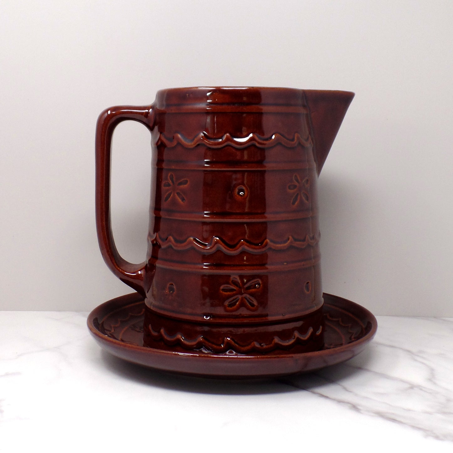 Vintage Marcrest Ceramic Pitcher and Underplate, Brown Daisy and Dot (1950s)