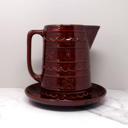 Vintage Marcrest Ceramic Pitcher and Underplate, Brown Daisy and Dot (1950s)