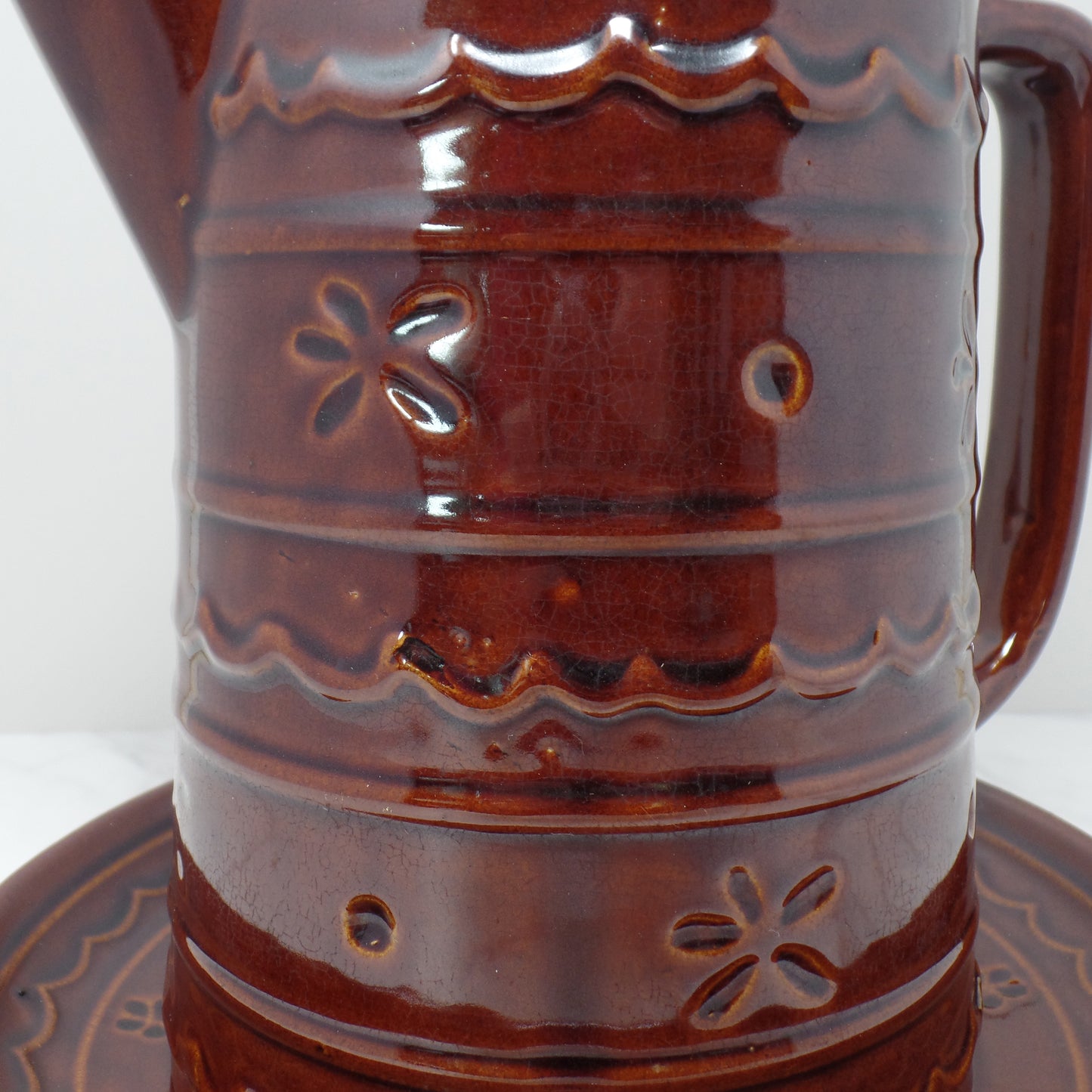 Vintage Marcrest Ceramic Pitcher and Underplate, Brown Daisy and Dot (1950s)