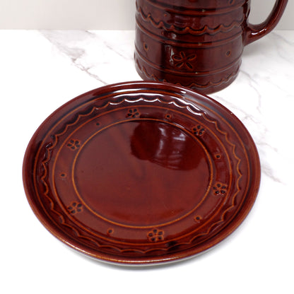 Vintage Marcrest Ceramic Pitcher and Underplate, Brown Daisy and Dot (1950s)