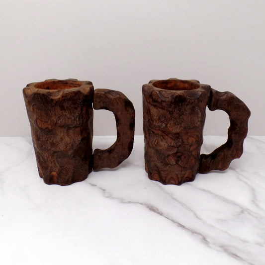 Vintage Decorative Wood Mugs, set of 2 (1970s)
