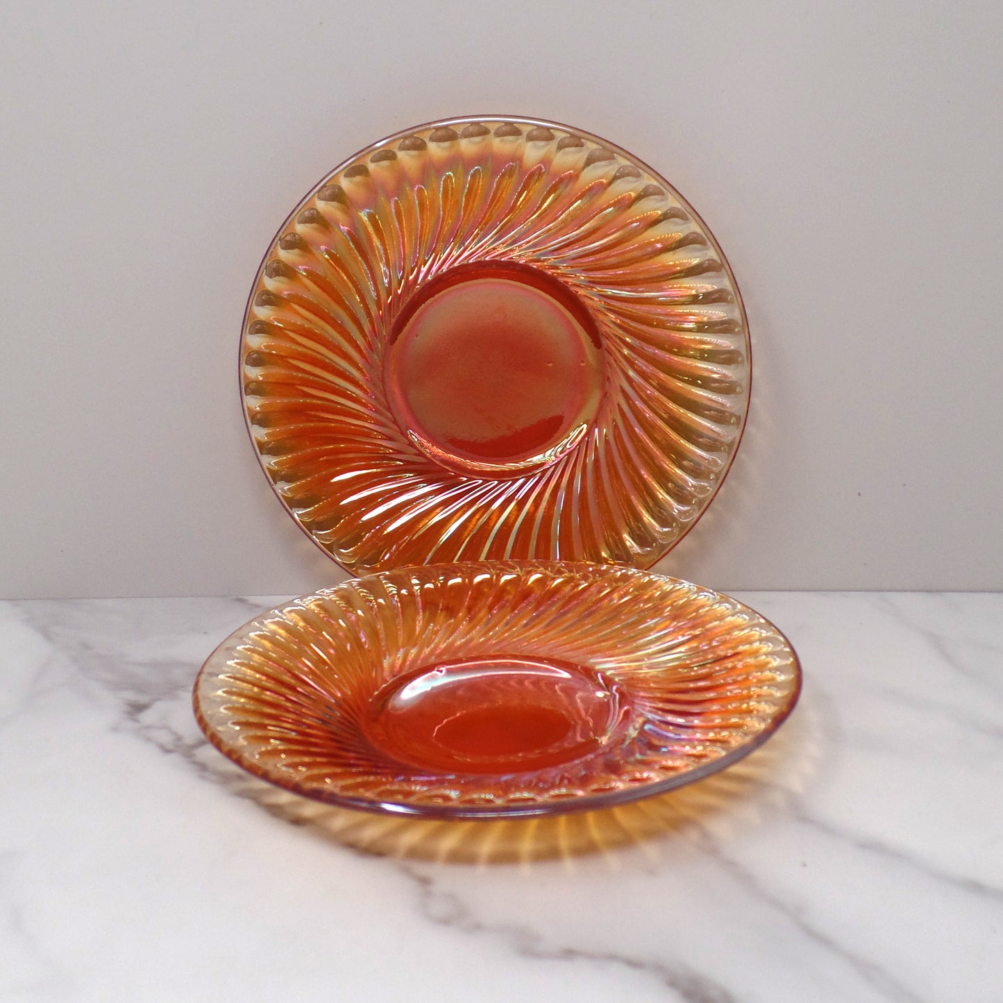 Vintage Irridescent Amber Carnival Glass Swirl Saucer, set of 2