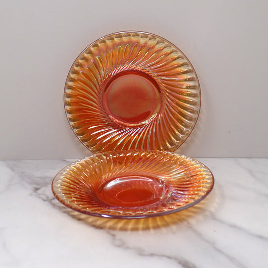 Vintage Irridescent Amber Carnival Glass Swirl Saucer, set of 2