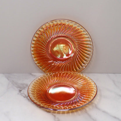 Vintage Irridescent Amber Carnival Glass Swirl Saucer, set of 2