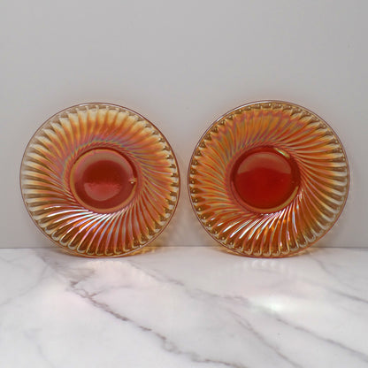 Vintage Irridescent Amber Carnival Glass Swirl Saucer, set of 2