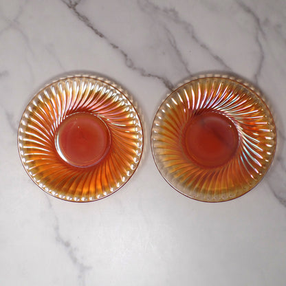 Vintage Irridescent Amber Carnival Glass Swirl Saucer, set of 2