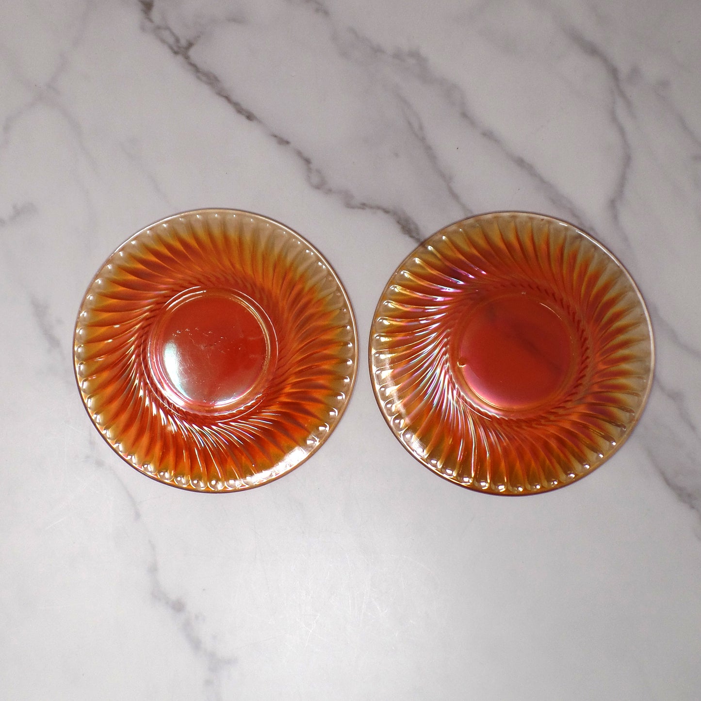 Vintage Irridescent Amber Carnival Glass Swirl Saucer, set of 2
