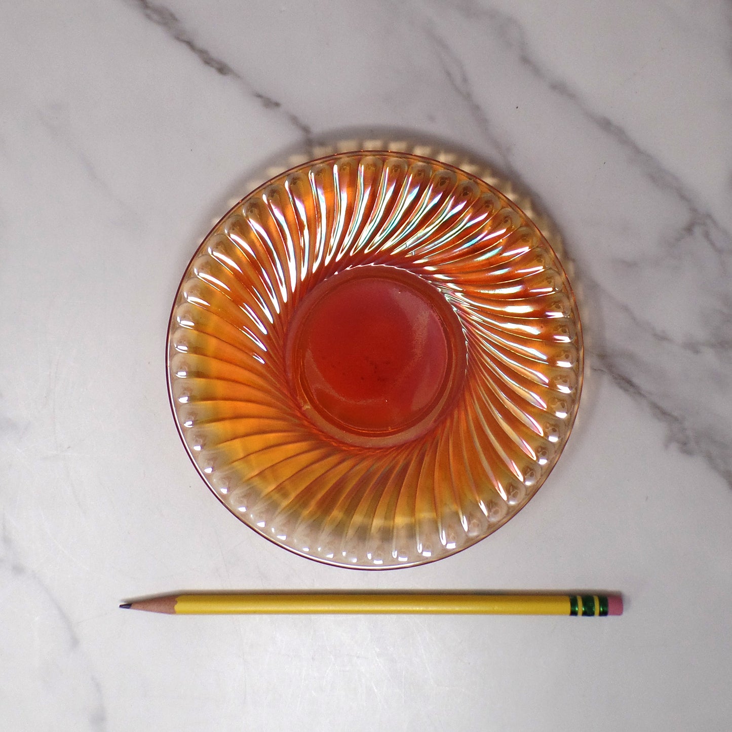 Vintage Irridescent Amber Carnival Glass Swirl Saucer, set of 2