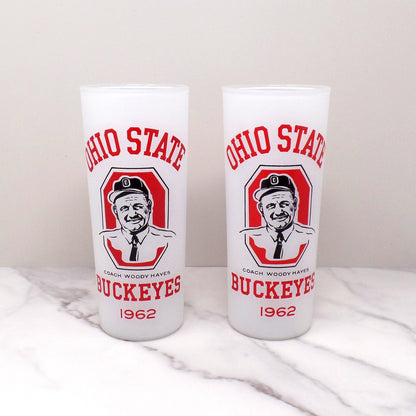 Vintage OSU Buckeyes Woody Hayes Tall Frosted Highball Glass, set of 2 (1962)