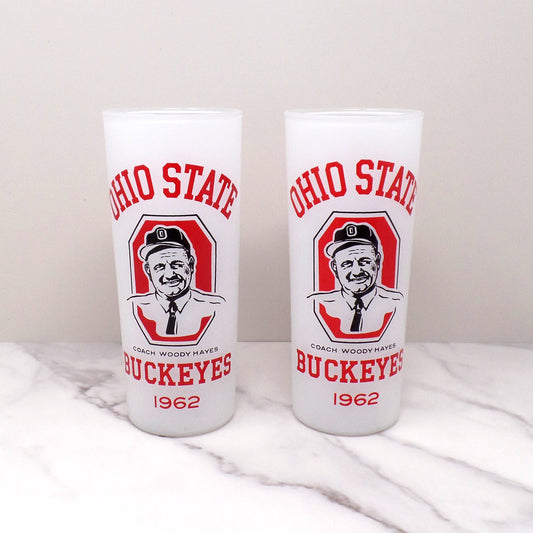 Vintage OSU Buckeyes Woody Hayes Tall Frosted Highball Glass, set of 2 (1962)