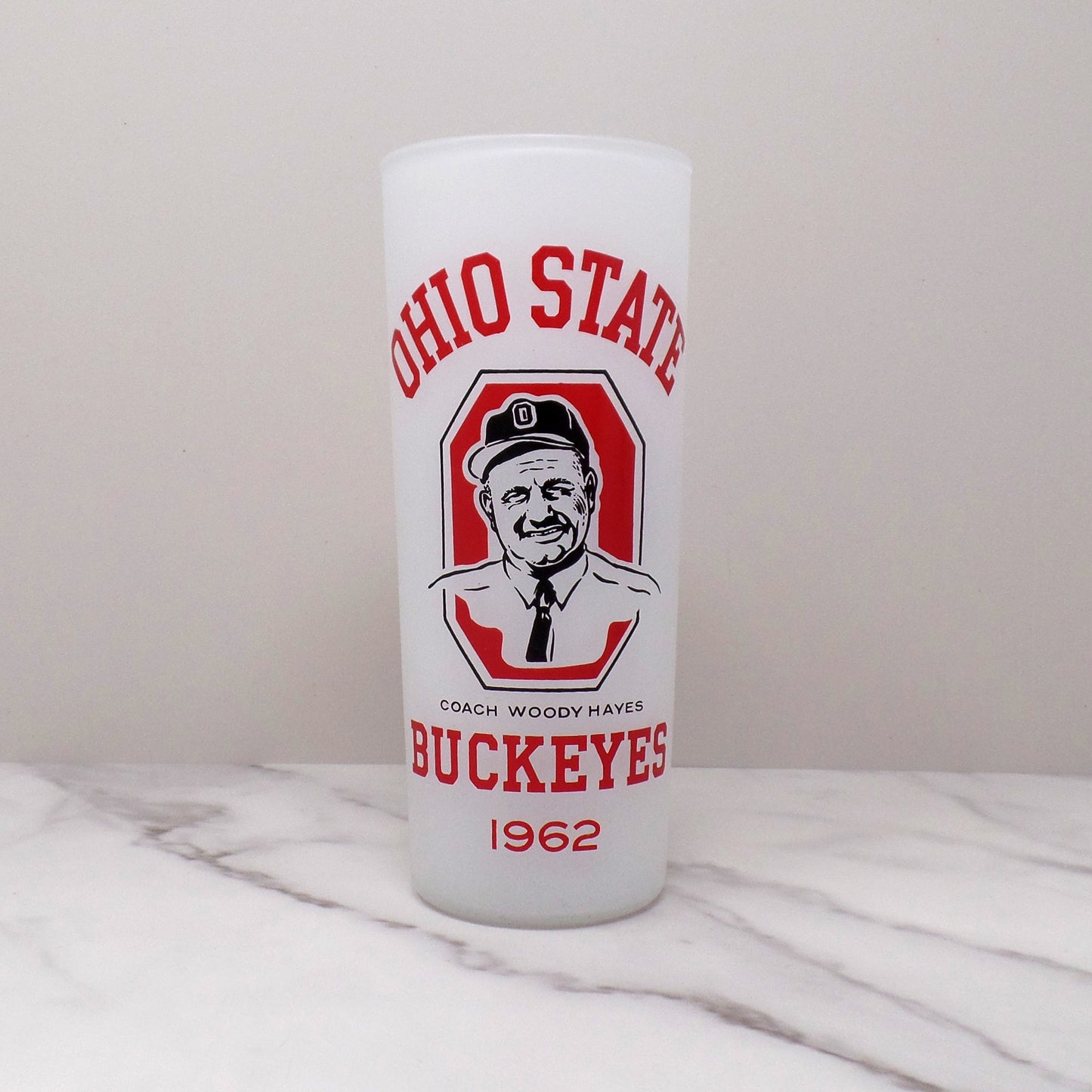 Vintage OSU Buckeyes Woody Hayes Tall Frosted Highball Glass, set of 2 (1962)