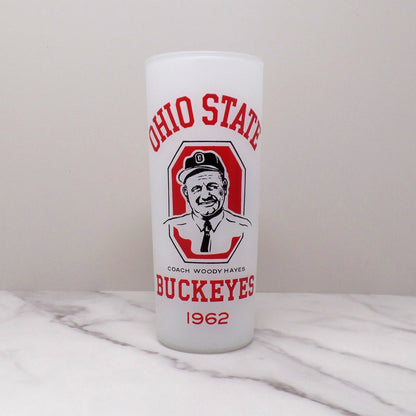 Vintage OSU Buckeyes Woody Hayes Tall Frosted Highball Glass, set of 2 (1962)
