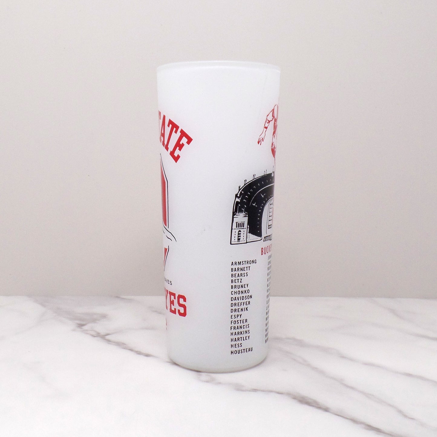 Vintage OSU Buckeyes Woody Hayes Tall Frosted Highball Glass, set of 2 (1962)