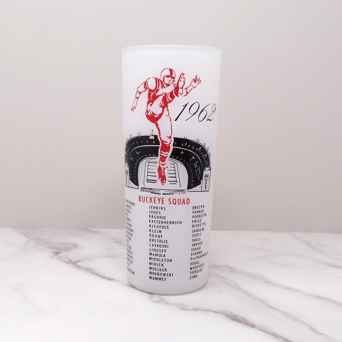 Vintage OSU Buckeyes Woody Hayes Tall Frosted Highball Glass, set of 2 (1962)