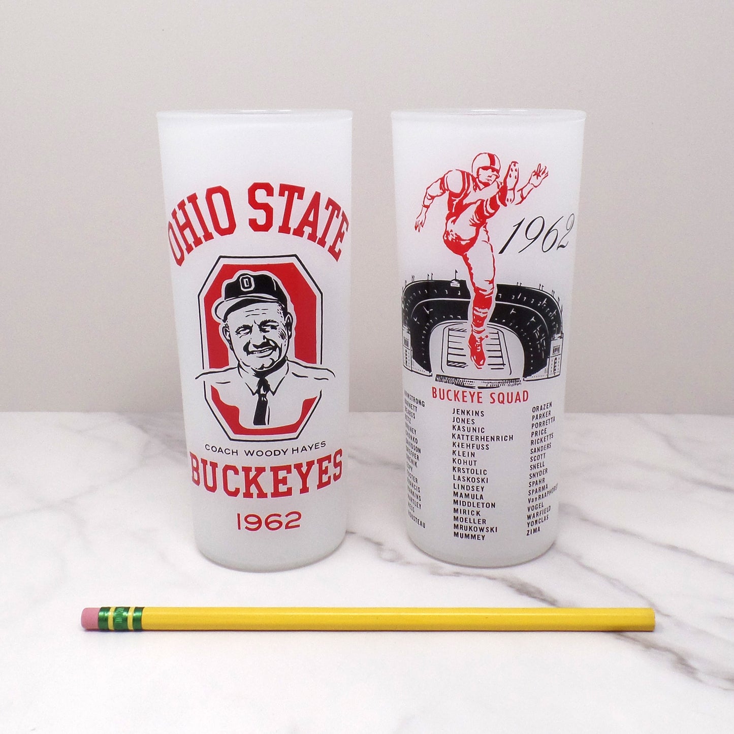 Vintage OSU Buckeyes Woody Hayes Tall Frosted Highball Glass, set of 2 (1962)