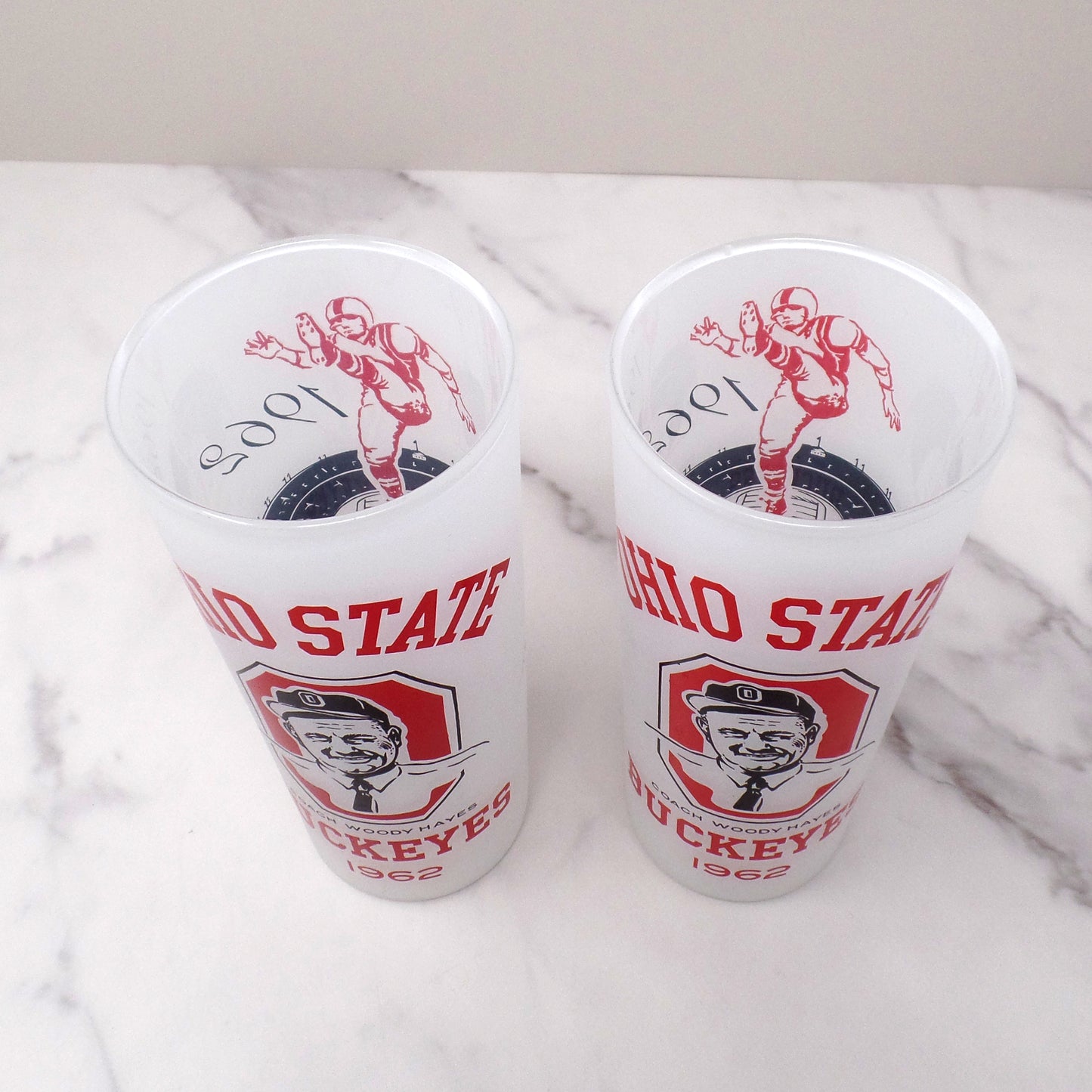 Vintage OSU Buckeyes Woody Hayes Tall Frosted Highball Glass, set of 2 (1962)