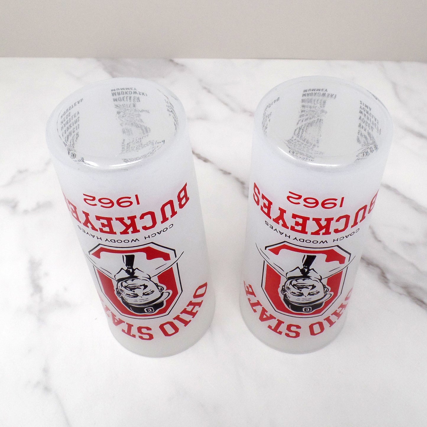 Vintage OSU Buckeyes Woody Hayes Tall Frosted Highball Glass, set of 2 (1962)