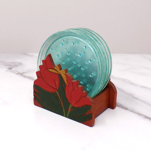 Vintage Plastic Coasters (6) in Wood Tulip Holder (1950s)