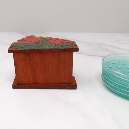 Vintage Plastic Coasters (6) in Wood Tulip Holder (1950s)