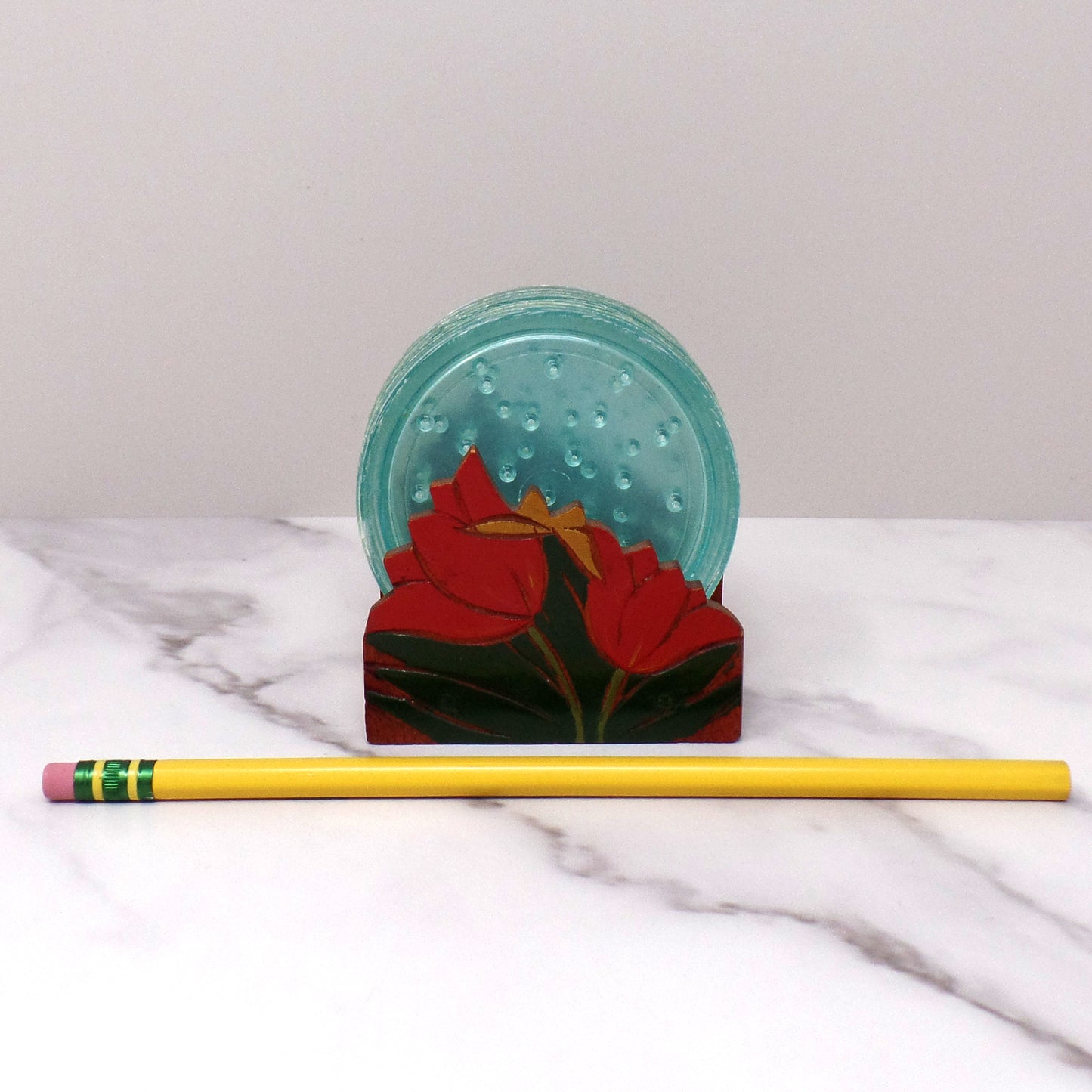 Vintage Plastic Coasters (6) in Wood Tulip Holder (1950s)