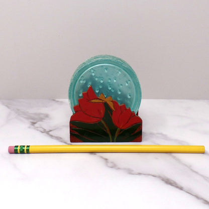 Vintage Plastic Coasters (6) in Wood Tulip Holder (1950s)