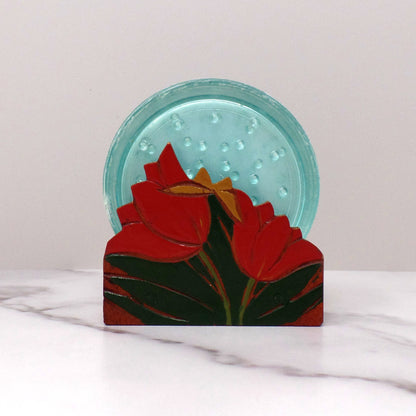 Vintage Plastic Coasters (6) in Wood Tulip Holder (1950s)