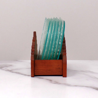 Vintage Plastic Coasters (6) in Wood Tulip Holder (1950s)