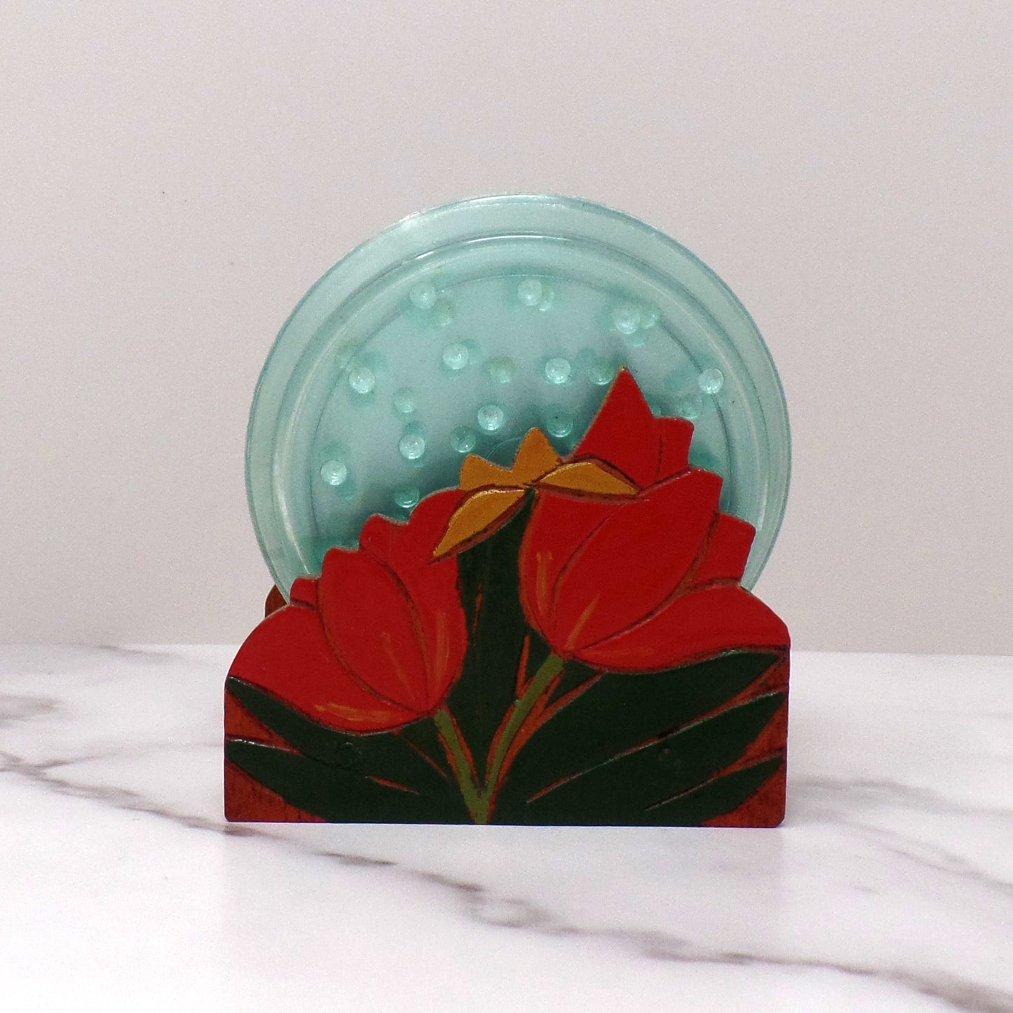 Vintage Plastic Coasters (6) in Wood Tulip Holder (1950s)