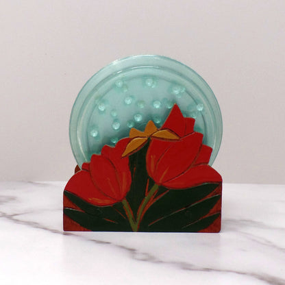 Vintage Plastic Coasters (6) in Wood Tulip Holder (1950s)