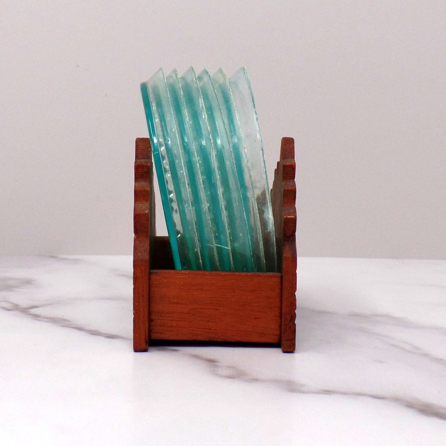 Vintage Plastic Coasters (6) in Wood Tulip Holder (1950s)