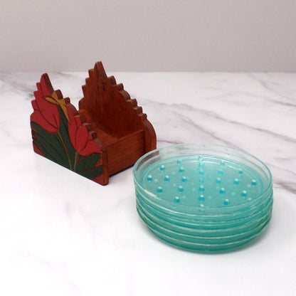Vintage Plastic Coasters (6) in Wood Tulip Holder (1950s)