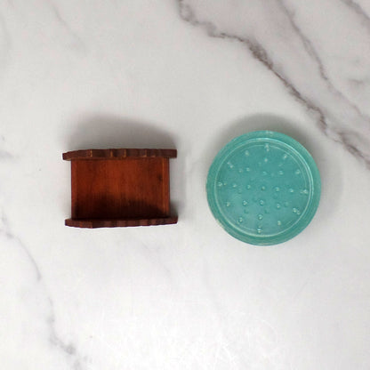 Vintage Plastic Coasters (6) in Wood Tulip Holder (1950s)