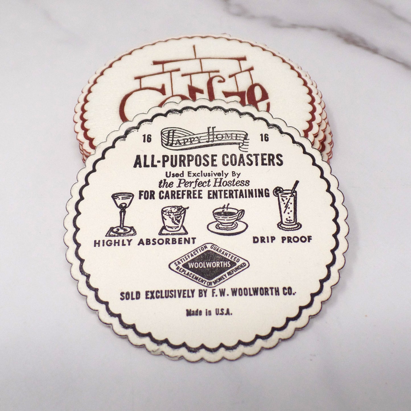 Vintage Woolworth Happy Home Disposable Paper Coasters - Coffee Text, set of 11 (1950s)