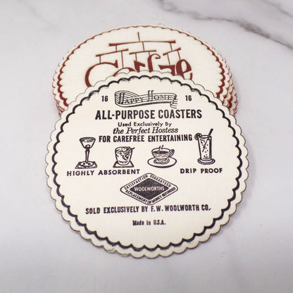 Vintage Woolworth Happy Home Disposable Paper Coasters - Coffee Text, set of 11 (1950s)