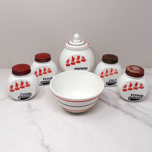 Vintage Fire-King Vitrock 6 Piece Range / Hoosier Set with Bowl, Black & Red Potted Plants Motif (1940s)
