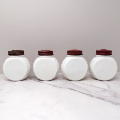 Vintage Fire-King Vitrock 6 Piece Range / Hoosier Set with Bowl, Black & Red Potted Plants Motif (1940s)