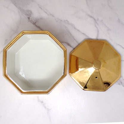 Vintage Hall Golden Glo Octagonal Lidded Casserole Dish, 22 Carat Gold Finish (1960s)