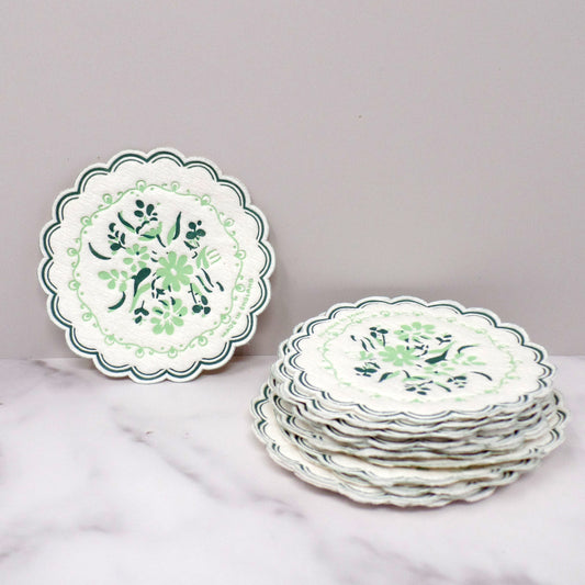 Vintage English Paper Coasters with Green Flowers, set of 15 (1950s)