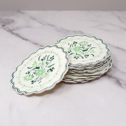 Vintage English Paper Coasters with Green Flowers, set of 15 (1950s)