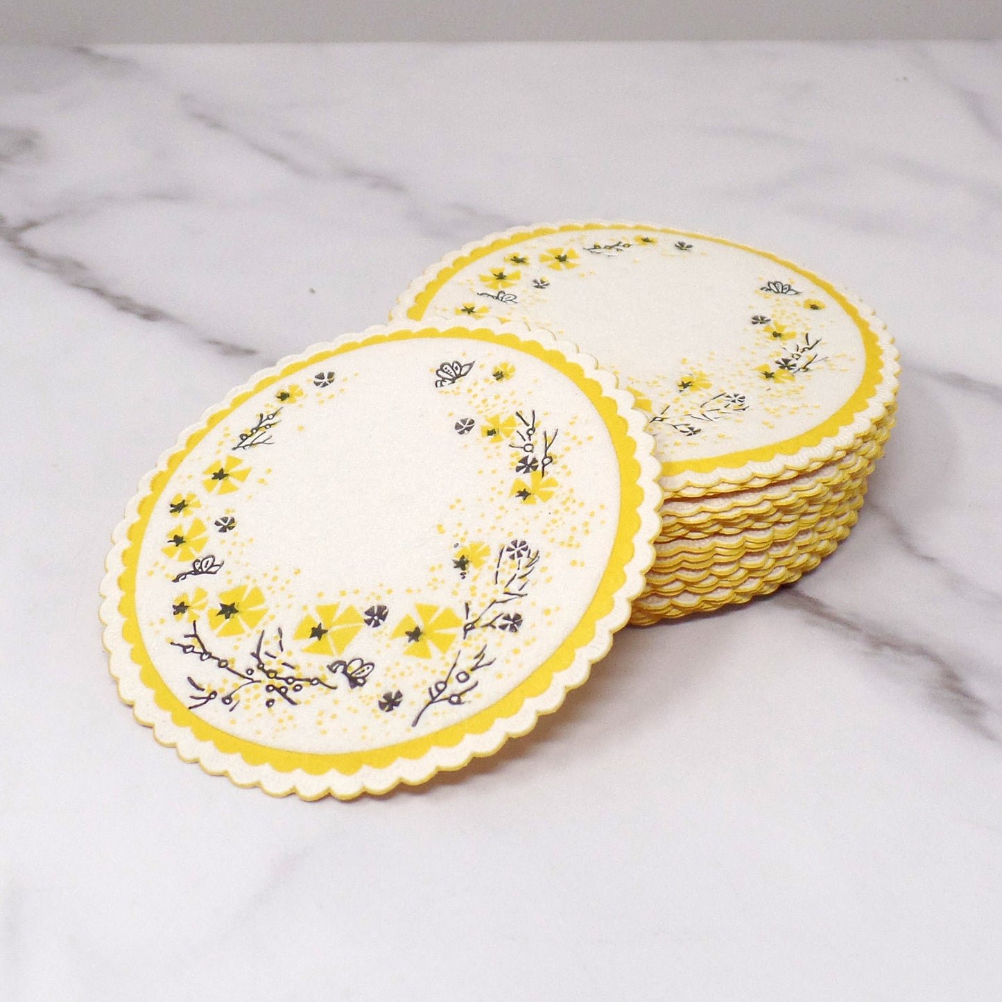 Vintage Paper Coasters with Yellow Flowers, set of 20 (1950s)