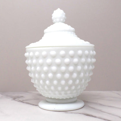 Vintage Fenton White Hobnail Milk Glass Covered Candy Dish (pre-1970s)
