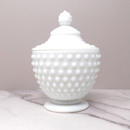 Vintage Fenton White Hobnail Milk Glass Covered Candy Dish (pre-1970s)