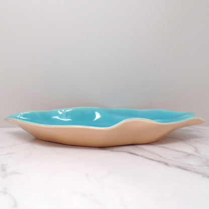 Vintage Catalina Pottery Ceramic Leaf Dish, Turquoise and Mauve (Gladding, McBean period 1937-1942)
