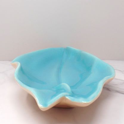 Vintage Catalina Pottery Ceramic Leaf Dish, Turquoise and Mauve (Gladding, McBean period 1937-1942)